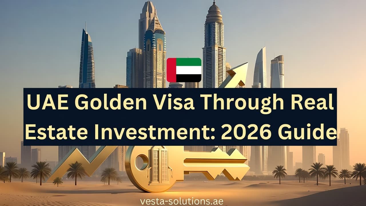 UAE Golden Visa through real estate investment featured image: Dubai skyline at golden hour with golden key unlocking property icon, UAE flag elements, and vesta-solutions.ae watermark