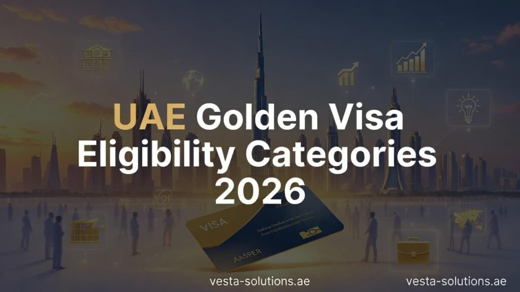 UAE Golden Visa Eligibility Categories 2026 – Dubai skyline at golden hour with luxury real estate, investment icons, and diverse professionals symbolizing long-term residency opportunities | Vesta Solutions